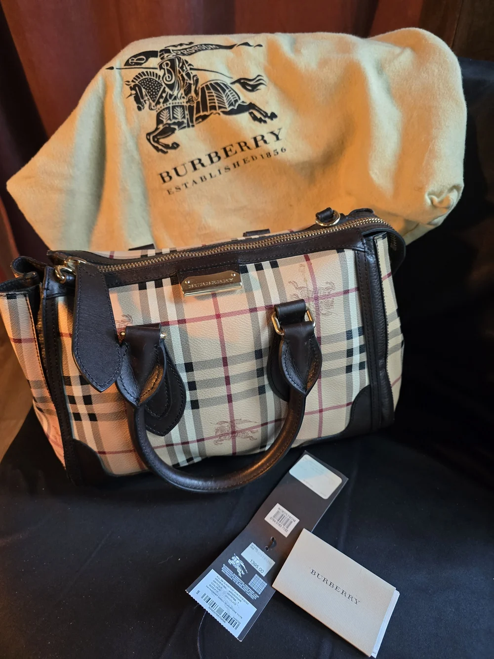 Burberry Beige Black Check Shoulder Bag with Brown Leather Trim